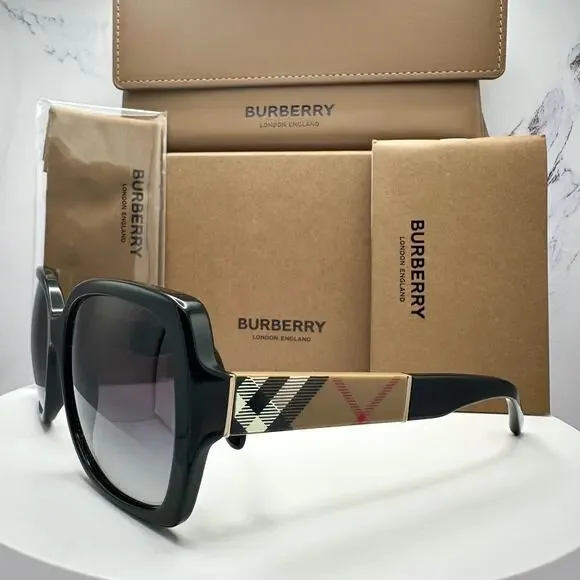 New Burberry Sunglasses Black Square Frames Checkered Arms Gradient BURBERRY - Picture 9 of 16